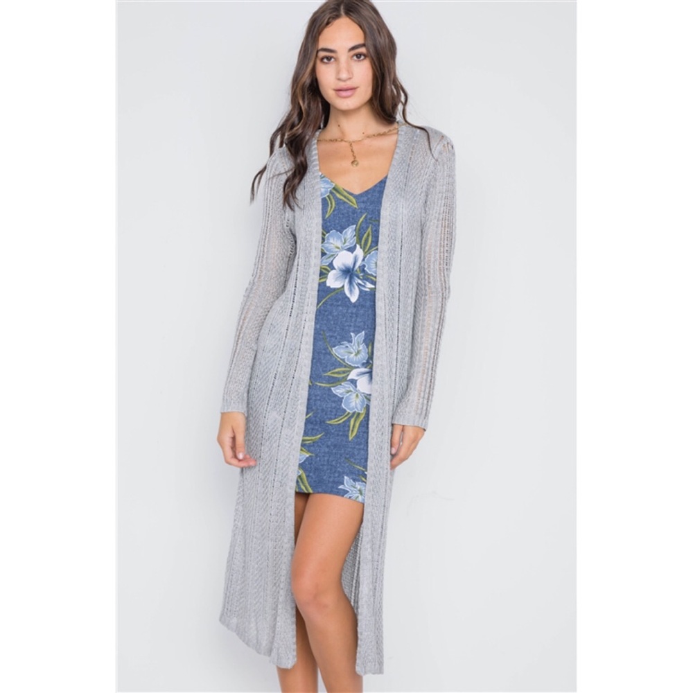 HEATHER GREY KNIT OPEN FRONT LONG SLEEVE CARDIGAN